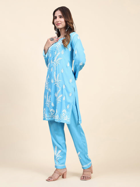 Fizaa Chikankari Short Modal Kurta Set - Blue